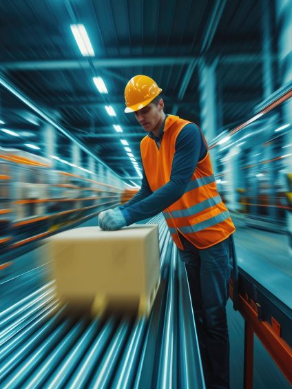 warehouse-worker-loading-package-while-placed-rail-storage-aig 1